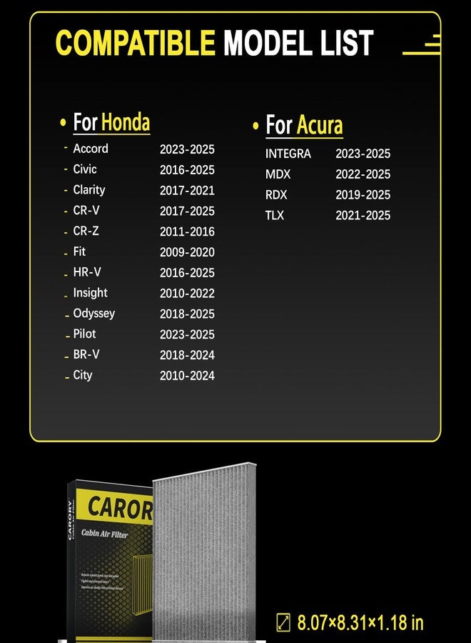 Carory Cabin Air Filter w/Activated Carbon for Honda 2017–2025 CR-V, 2016–2025 Civic, 2009–2020 Fit, 2016–2025 HR-V, 2018–2025 Odyssey, 2010–2022 Insight, 2019–2025 RDX, 2022–2025 MDX, and More - Image 2
